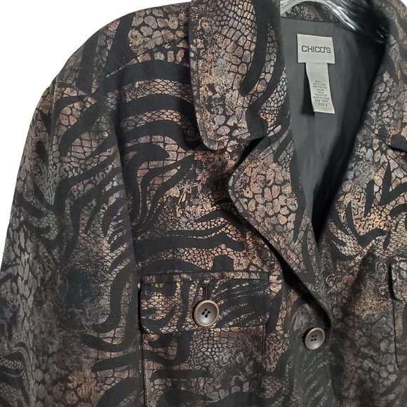 Chico's XL Size 3 Jacket Blazer Linen Blend Safari Exotic Animal Print Pockets - Picture 9 of 10